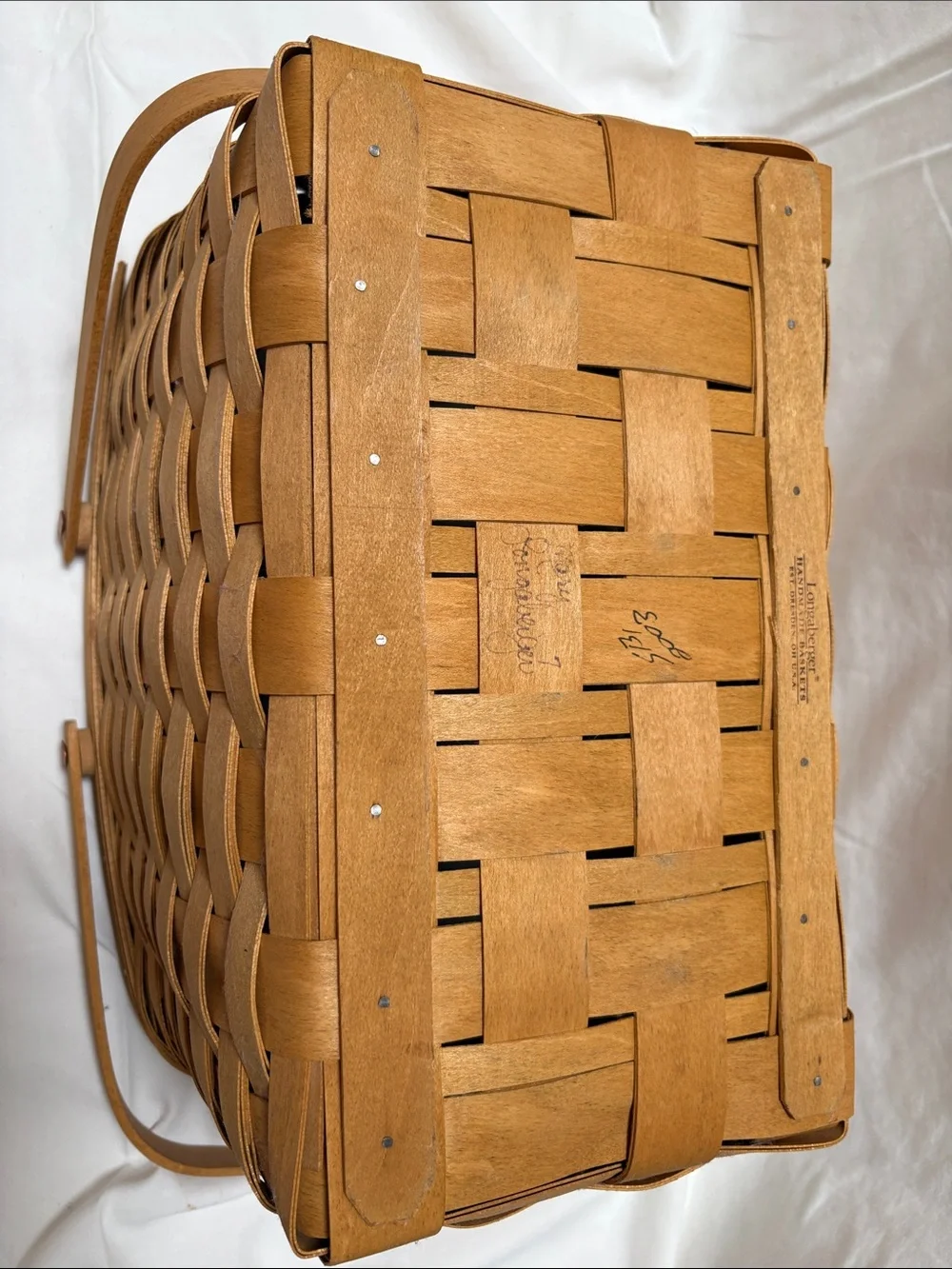 Longaberger wood market basket with hinged handles and plastic inserts